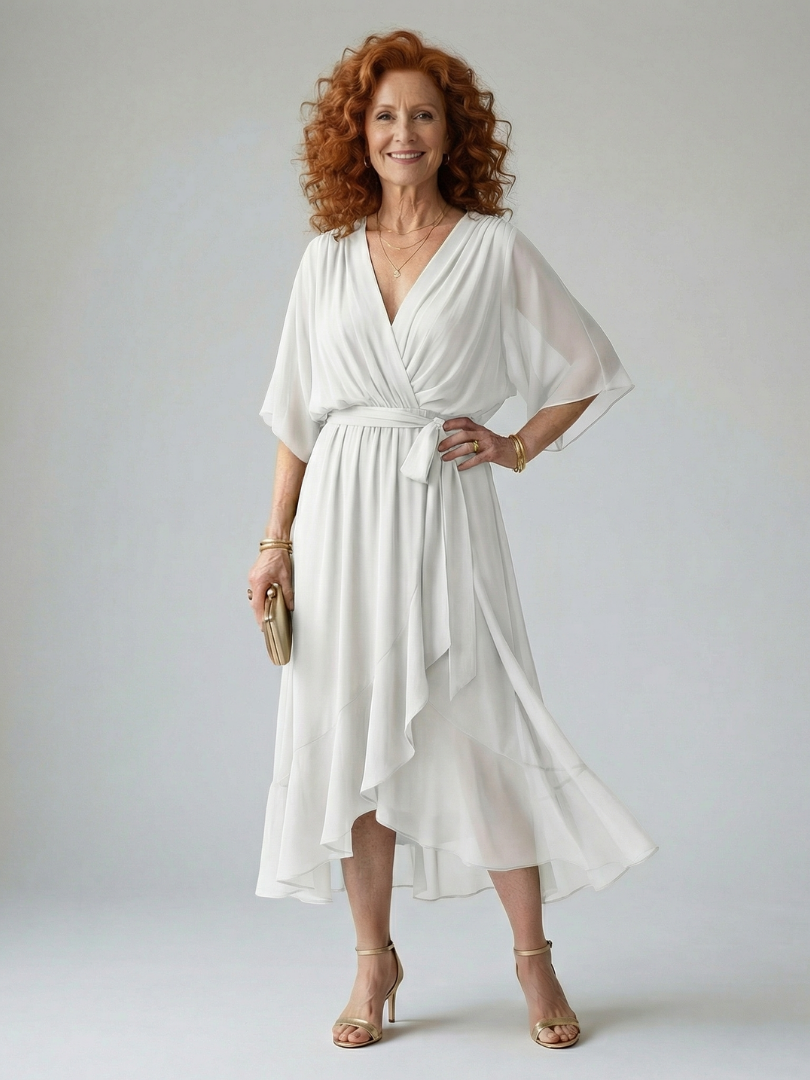 Luviaren™ | Midi-Kleid mit Drapierung und Bindegürtel