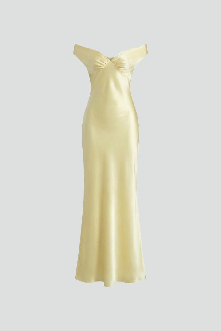 Antje | Elegantes schulterfreies Maxikleid mit Raffungen