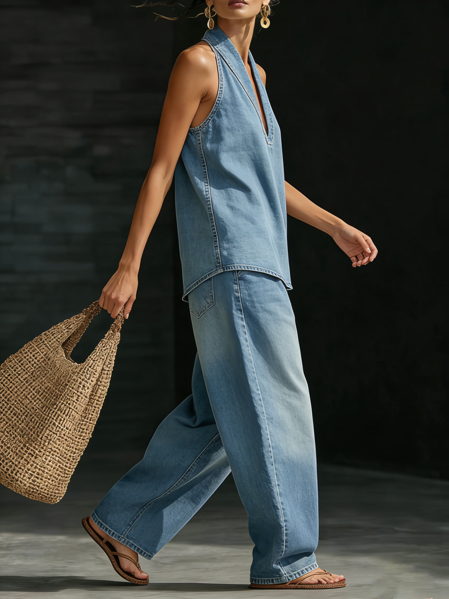 Melanie | Stilvolles Denim-Set mit V-Ausschnitt und weitem Bein