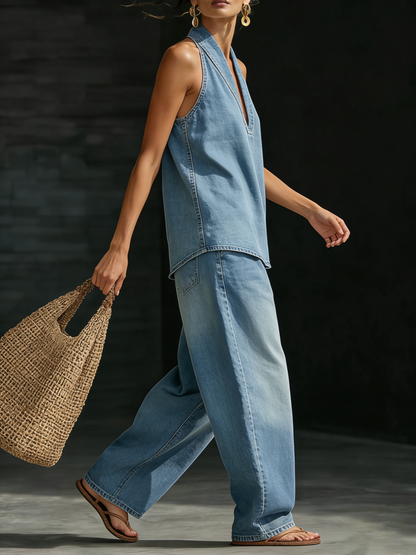 Melanie | Stilvolles Denim-Set mit V-Ausschnitt und weitem Bein