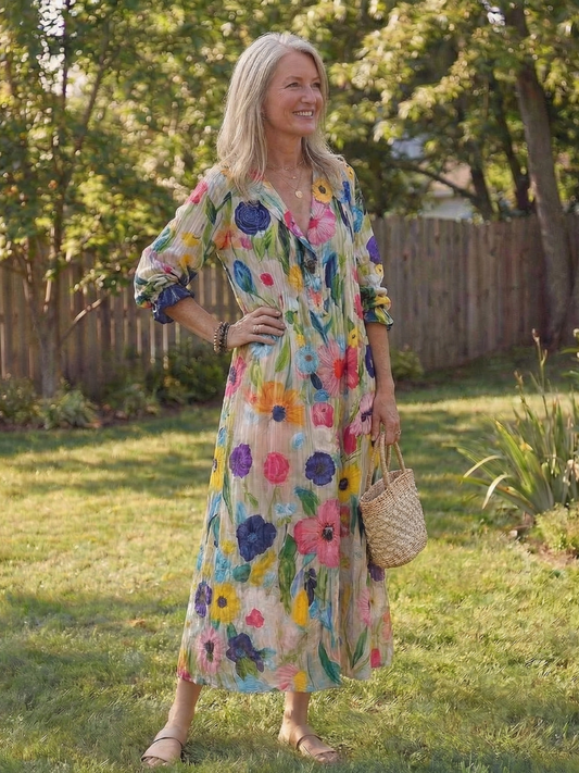 Anke | Elegantes Floral-Maxikleid mit Knopfleiste