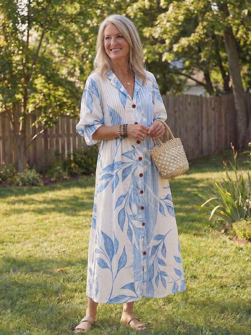 Anke | Elegantes Floral-Maxikleid mit Knopfleiste