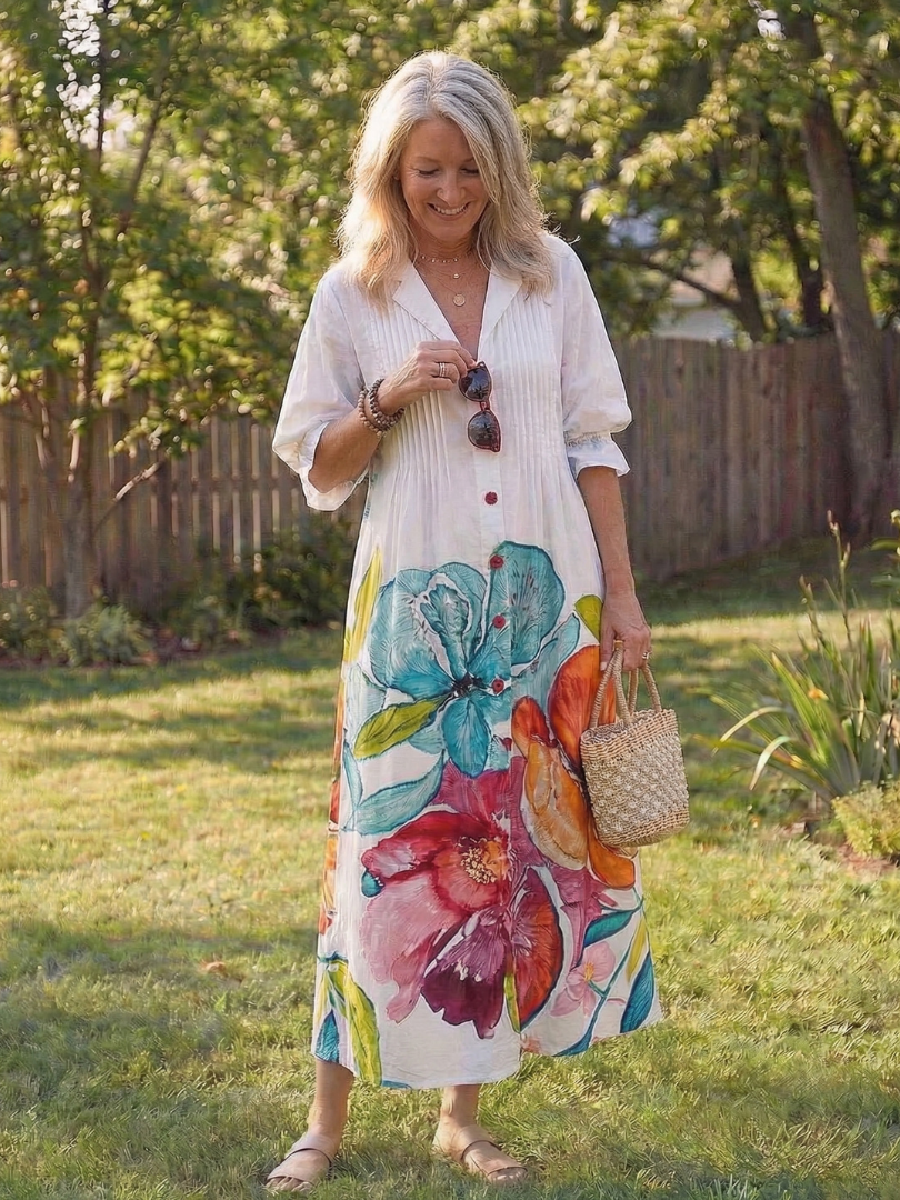 Anke | Elegantes Floral-Maxikleid mit Knopfleiste