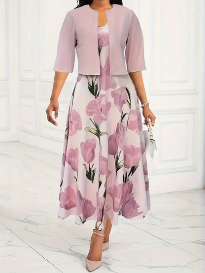 Isabel | Elegantes Maxikleid-Set mit floralem Print und passender Jacke