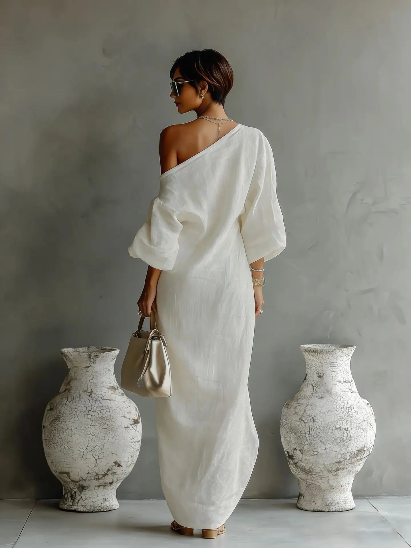 Mathilda | Elegantes One-Shoulder Leinen-Maxikleid