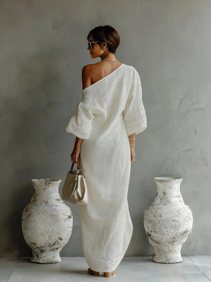Mathilda | Elegantes One-Shoulder Leinen-Maxikleid