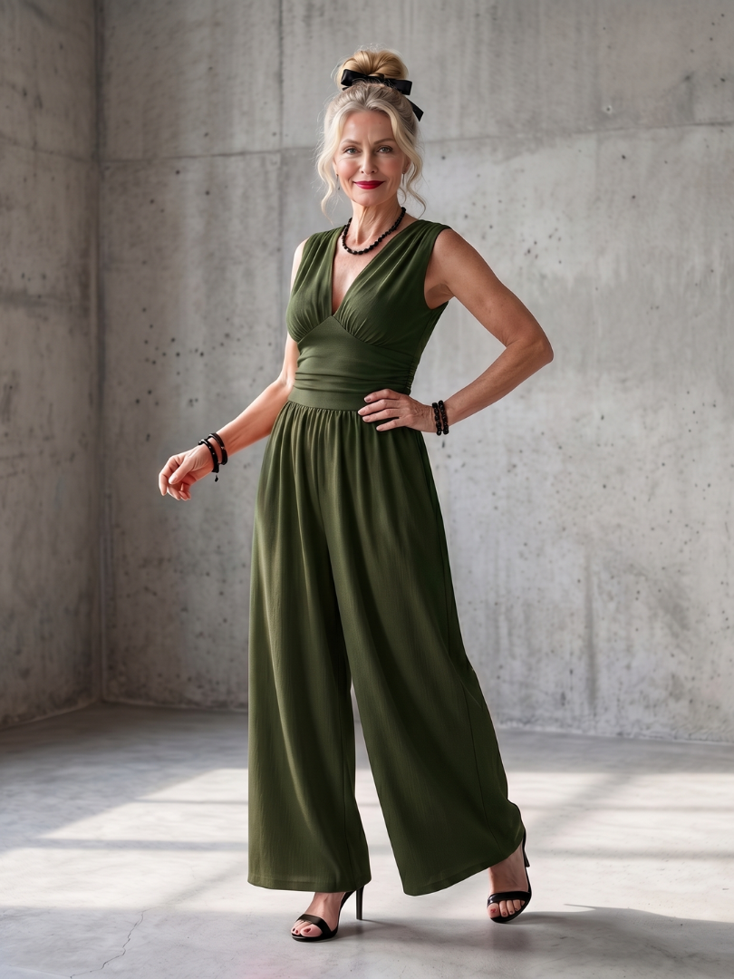 Agnes | Eleganter V-Ausschnitt Overall mit fließendem weitem Bein