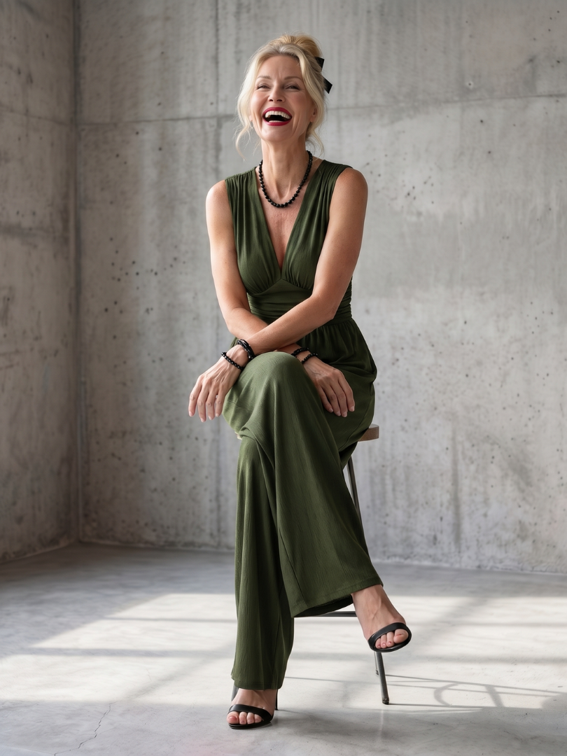 Agnes | Eleganter V-Ausschnitt Overall mit fließendem weitem Bein