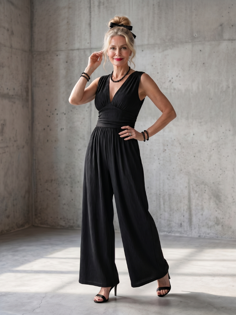Agnes | Eleganter V-Ausschnitt Overall mit fließendem weitem Bein