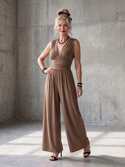 Agnes | Eleganter V-Ausschnitt Overall mit fließendem weitem Bein