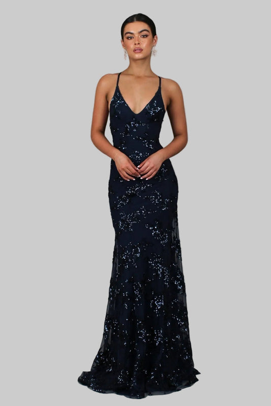 Leah | Stilvolles Maxikleid mit Pailletten und V-Ausschnitt
