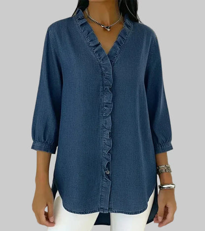Aurelis™ | Denim-Bluse mit V-Ausschnitt und 3/4-Ärmeln