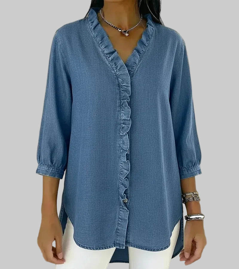 Aurelis™ | Denim-Bluse mit V-Ausschnitt und 3/4-Ärmeln