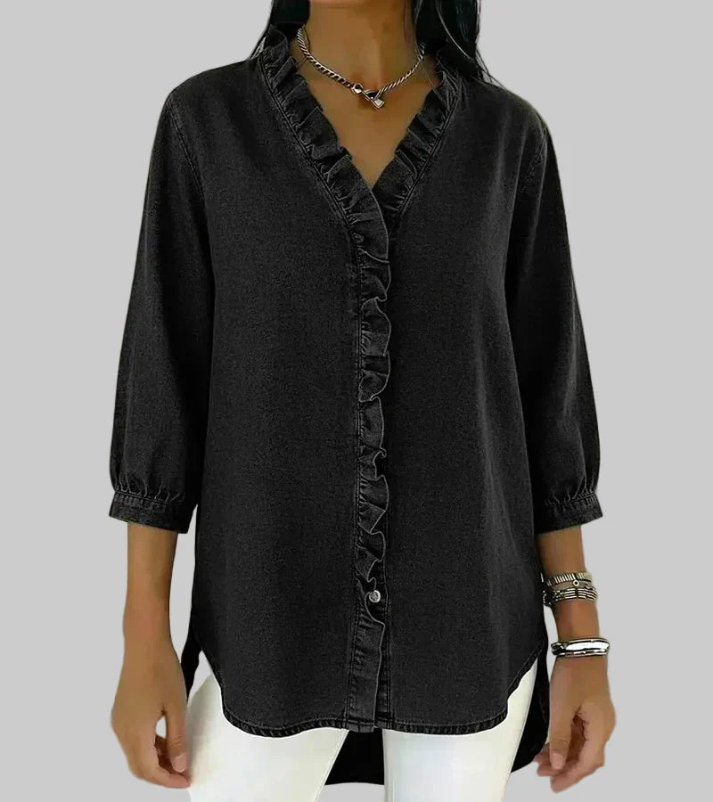 Aurelis™ | Denim-Bluse mit V-Ausschnitt und 3/4-Ärmeln