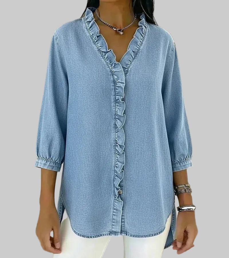 Aurelis™ | Denim-Bluse mit V-Ausschnitt und 3/4-Ärmeln