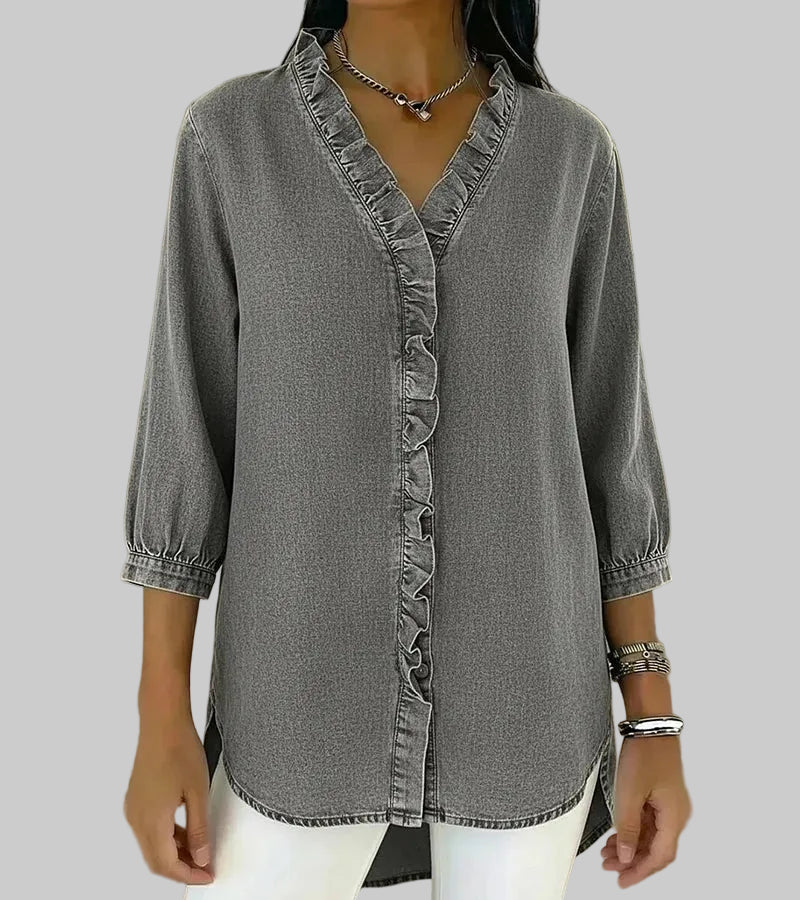 Aurelis™ | Denim-Bluse mit V-Ausschnitt und 3/4-Ärmeln