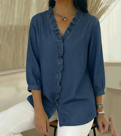 Aurelis™ | Fließende Denim-Bluse mit V-Ausschnitt