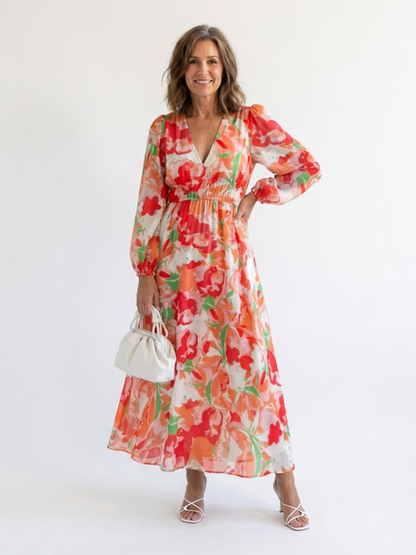 Christine | Leichtes Maxikleid mit Blumenmuster und V-Ausschnitt