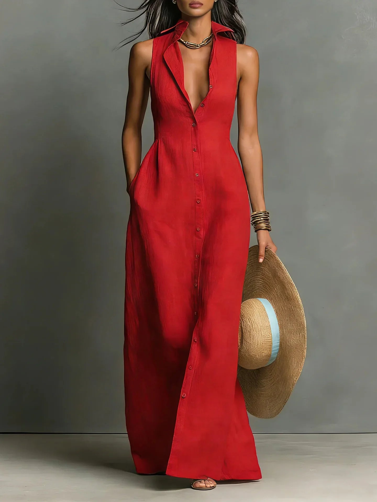 Melanie | Elegantes ärmelloses Maxi-Hemdblusenkleid für Damen
