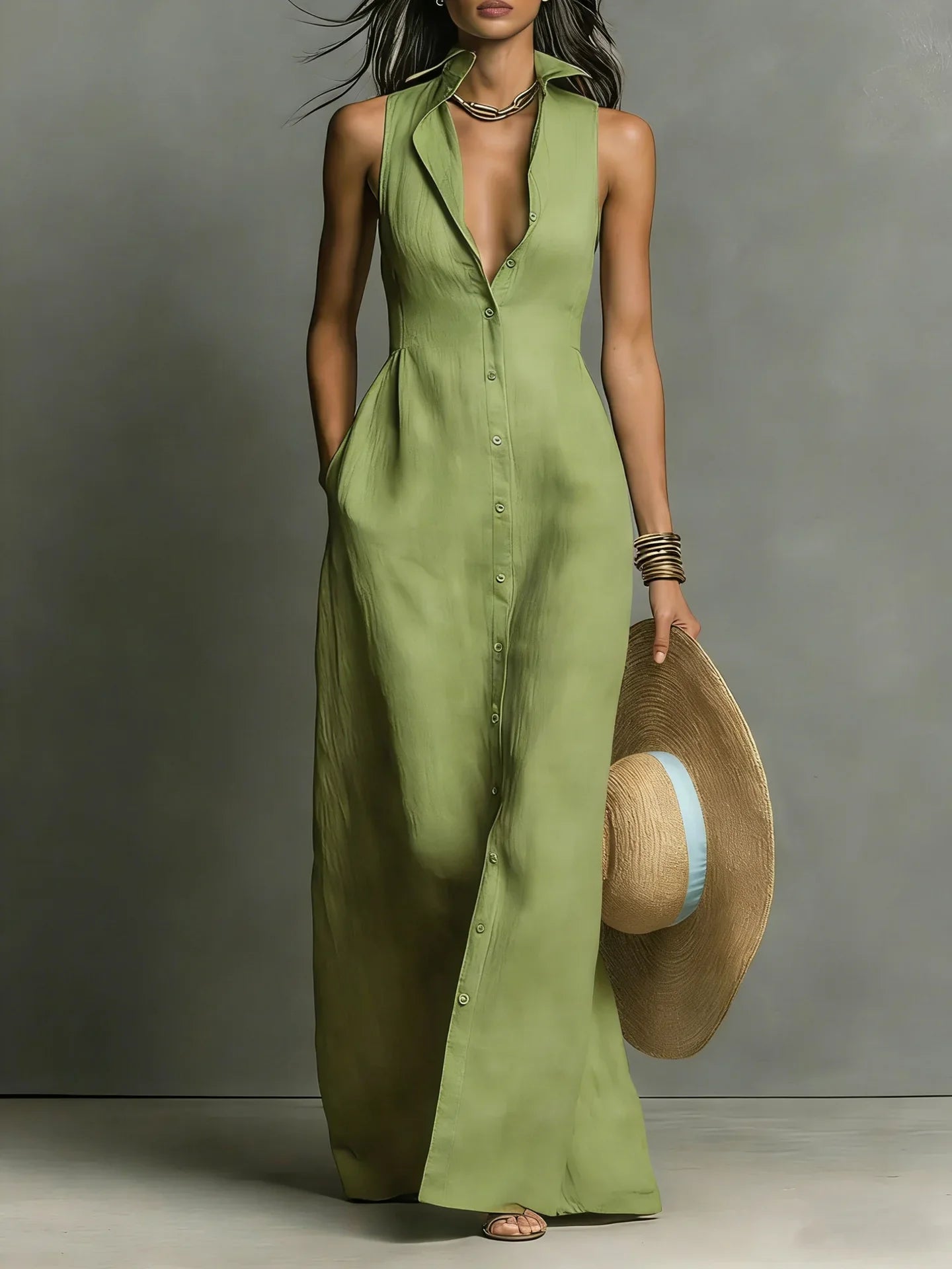 Melanie | Elegantes ärmelloses Maxi-Hemdblusenkleid für Damen