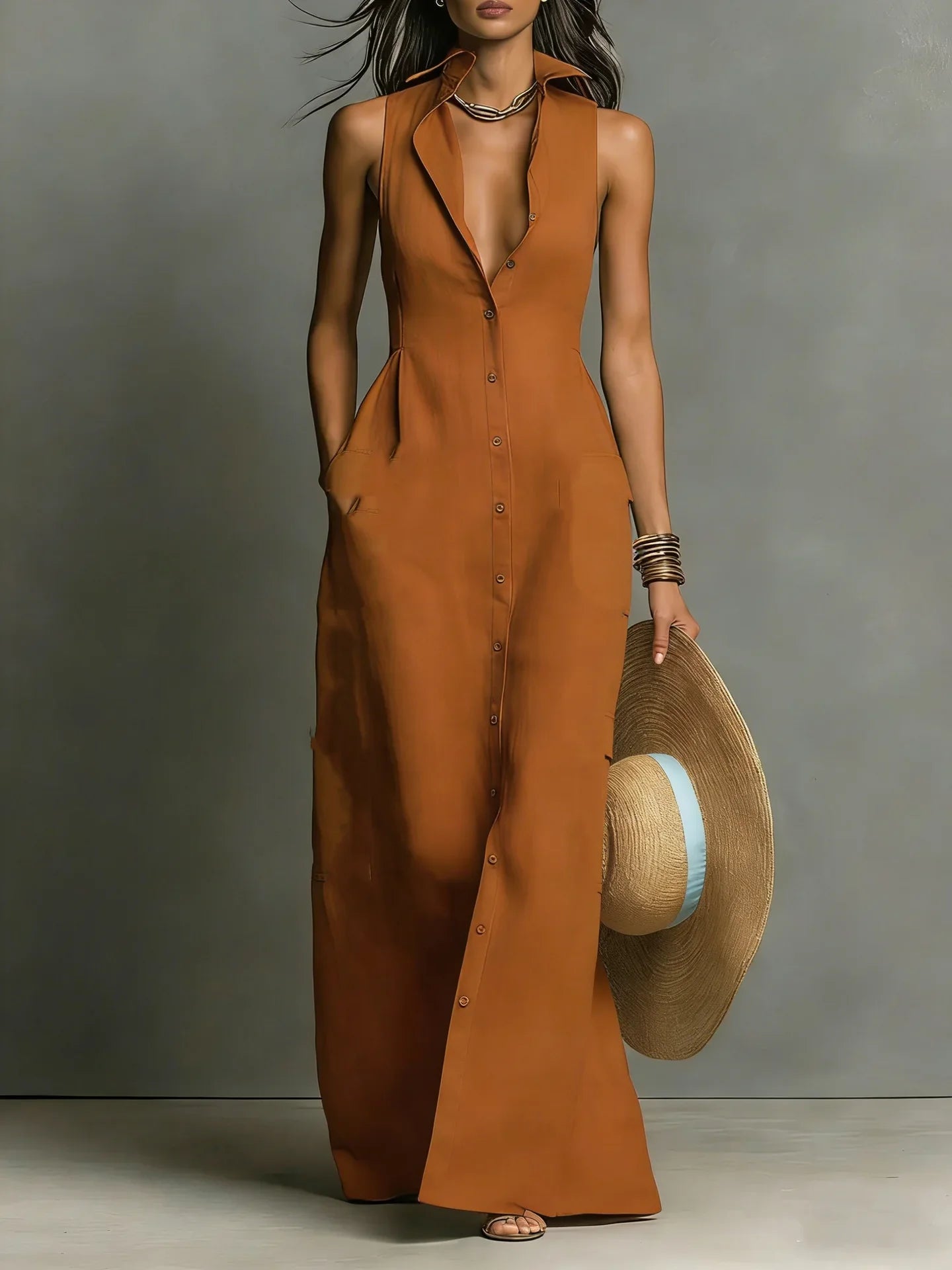 Melanie | Elegantes ärmelloses Maxi-Hemdblusenkleid für Damen