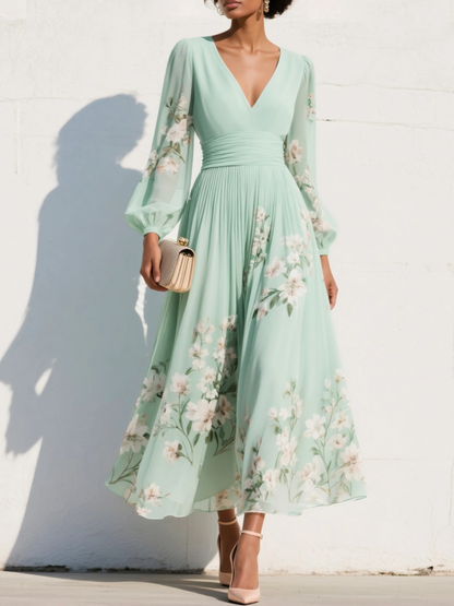 Flora | Elegantes florales V-Ausschnitt Midikleid für besondere Momente