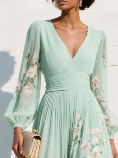 Flora | Elegantes florales V-Ausschnitt Midikleid für besondere Momente