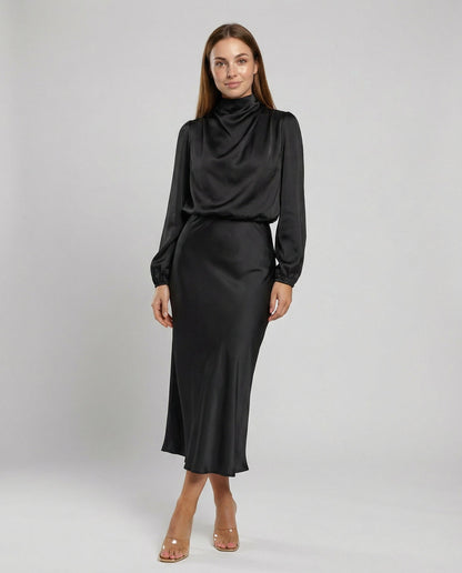 Amelia | Elegantes Satin-Abendkleid mit langen Ärmeln
