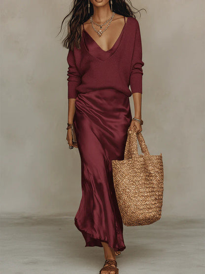 Hannah | Elegantes Satin-Midikleid mit passendem Pullover-Set