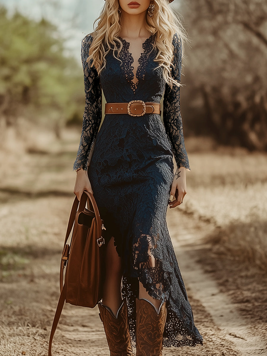 Marie | Elegantes Langarm-Midikleid mit edlem Spitzendesign