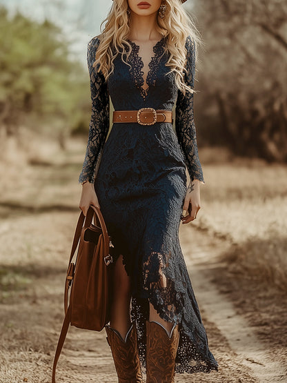 Marie | Elegantes Langarm-Midikleid mit edlem Spitzendesign