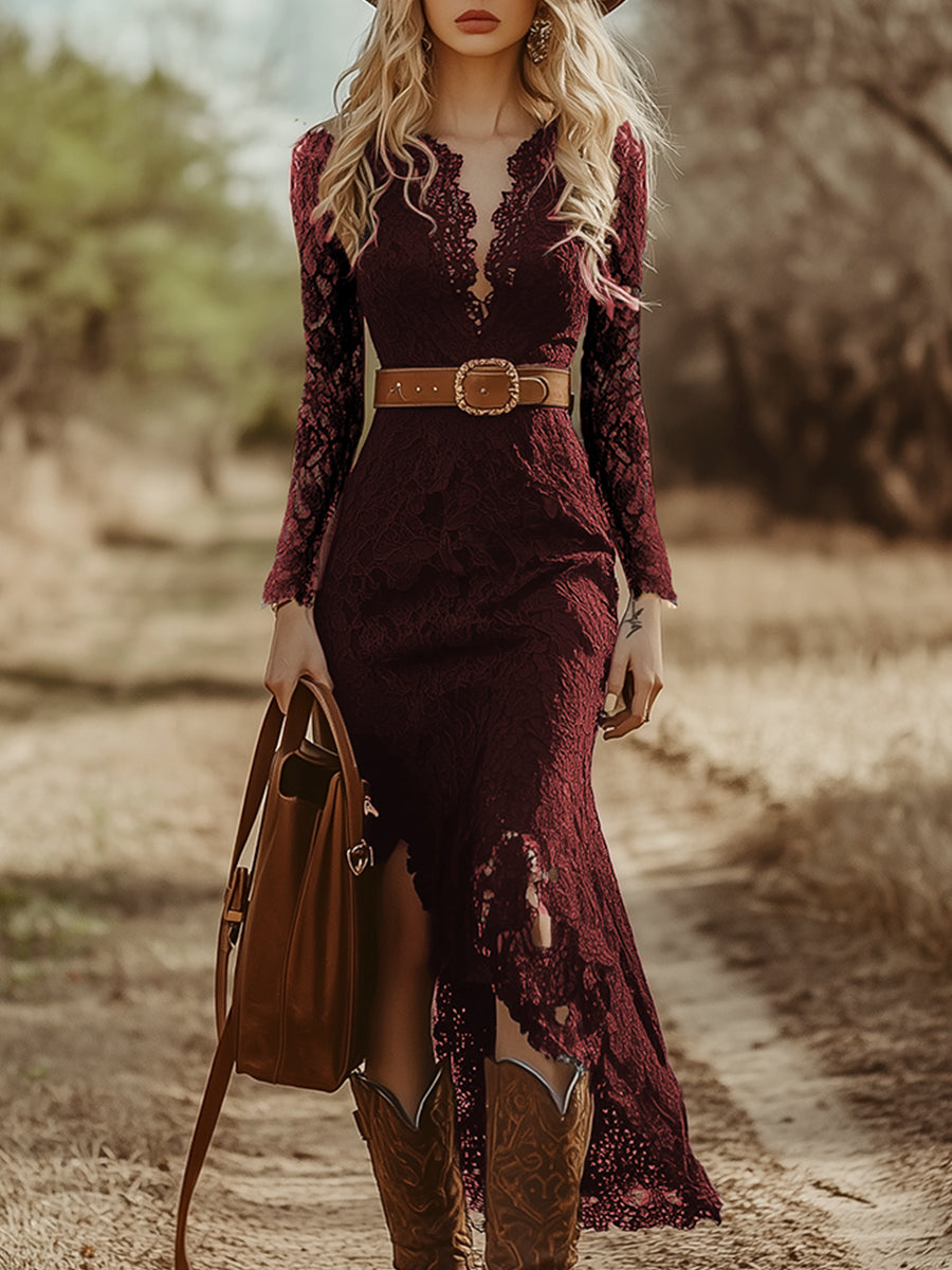 Marie | Elegantes Langarm-Midikleid mit edlem Spitzendesign
