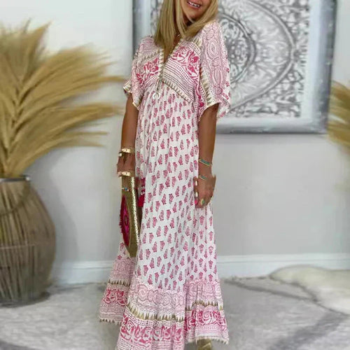 Heike | Elegantes und fließendes Kurzarm-Maxikleid mit Boho-Print