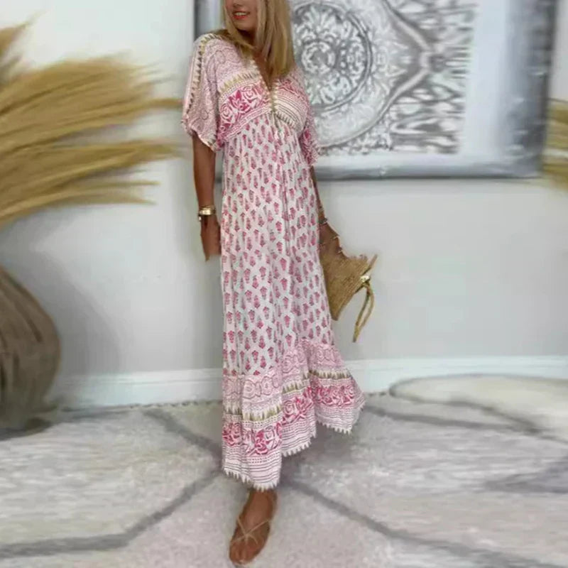 Heike | Elegantes und fließendes Kurzarm-Maxikleid mit Boho-Print
