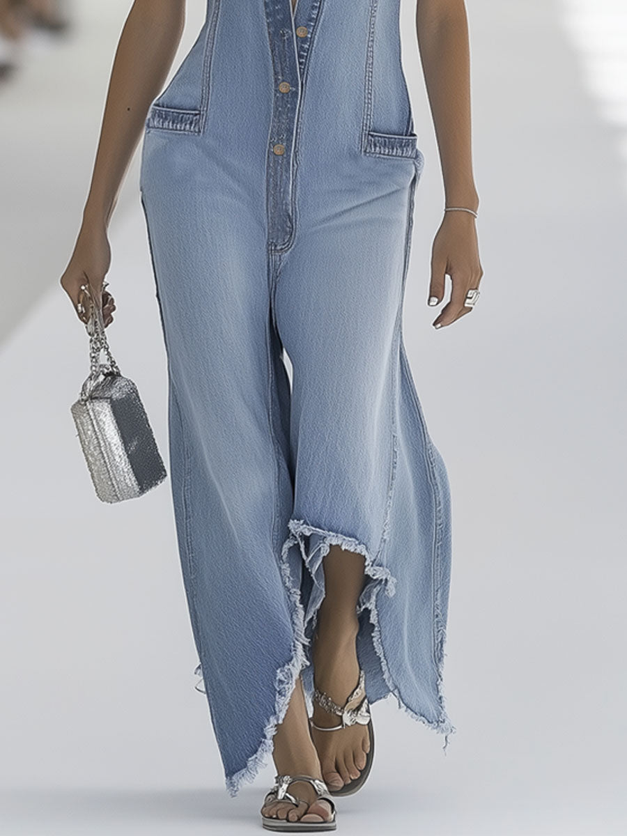 Annett | Eleganter ärmelloser Jumpsuit mit weitem Bein und Knopfleiste