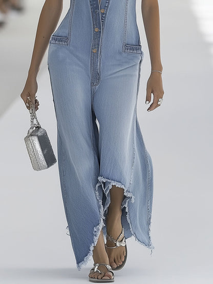 Annett | Eleganter ärmelloser Jumpsuit mit weitem Bein und Knopfleiste