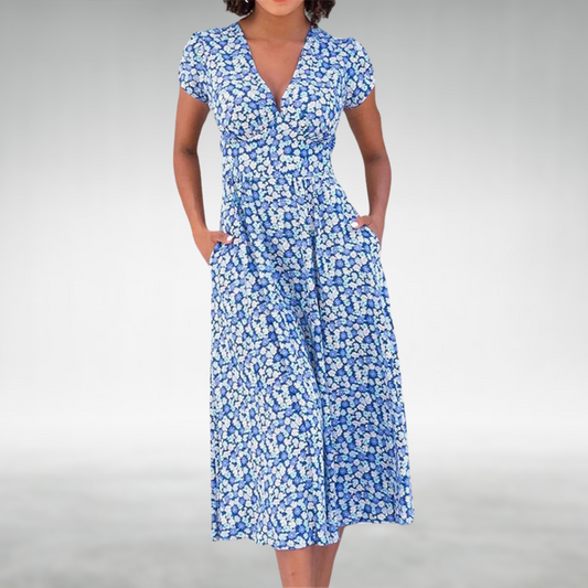 Clara | Elegantes V-Ausschnitt Midikleid mit Blütendruck