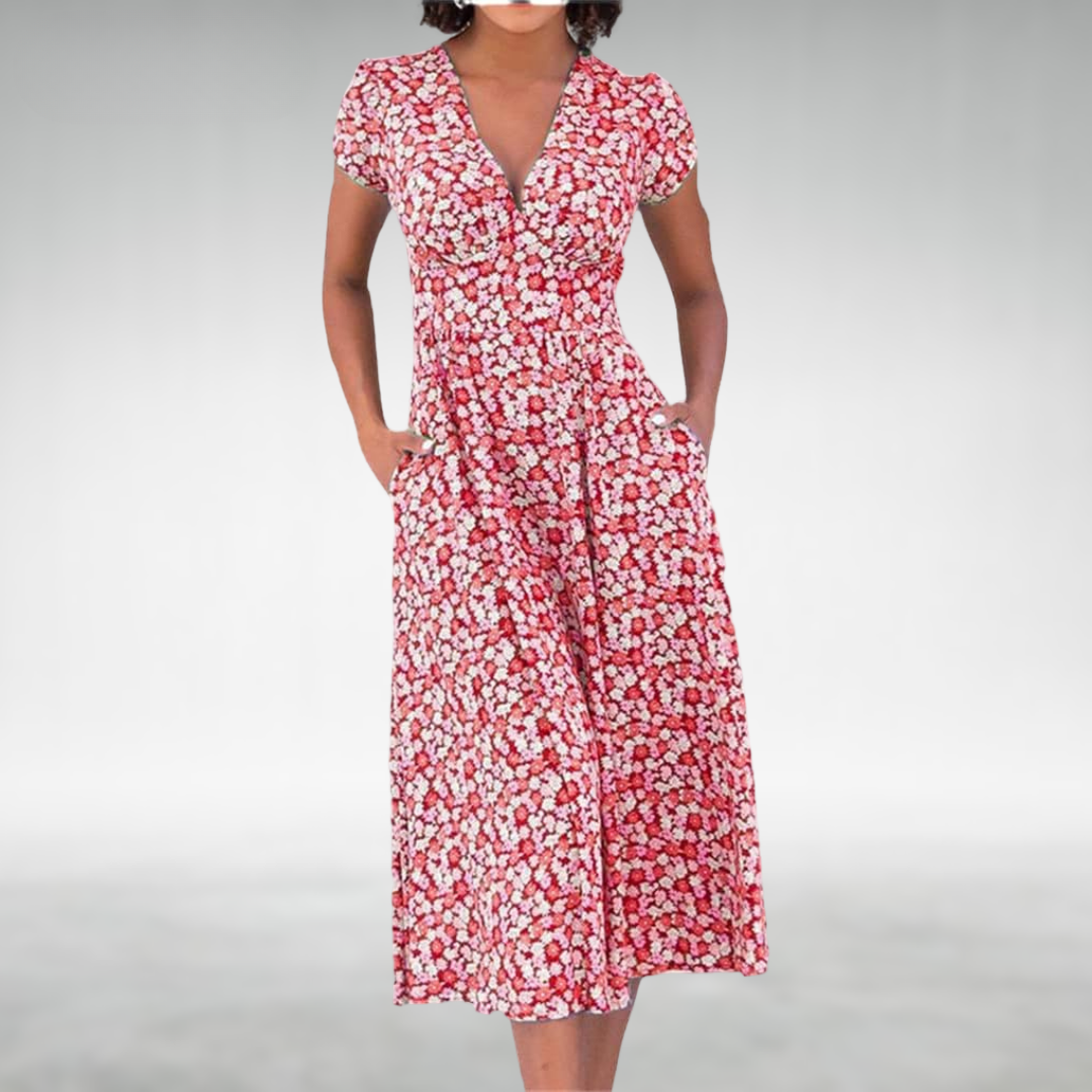 Clara | Elegantes V-Ausschnitt Midikleid mit Blütendruck