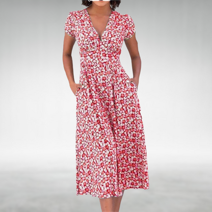 Clara | Elegantes V-Ausschnitt Midikleid mit Blütendruck