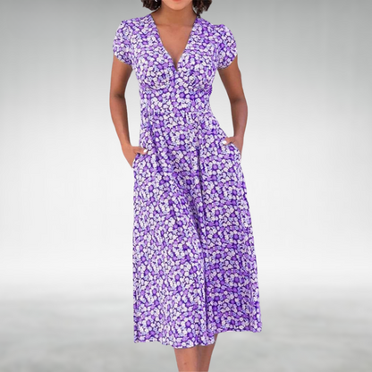 Clara | Elegantes V-Ausschnitt Midikleid mit Blütendruck