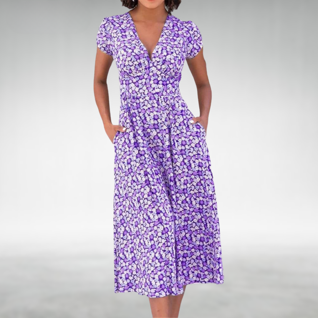 Clara | Elegantes V-Ausschnitt Midikleid mit Blütendruck
