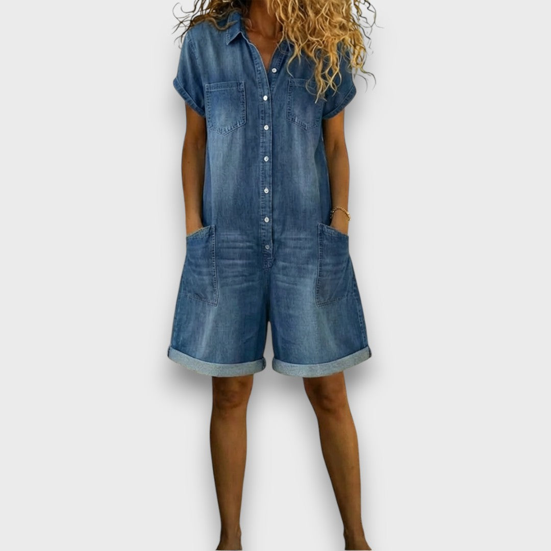 Emma | Lässige Denim-Look Latzhose mit weitem Bein
