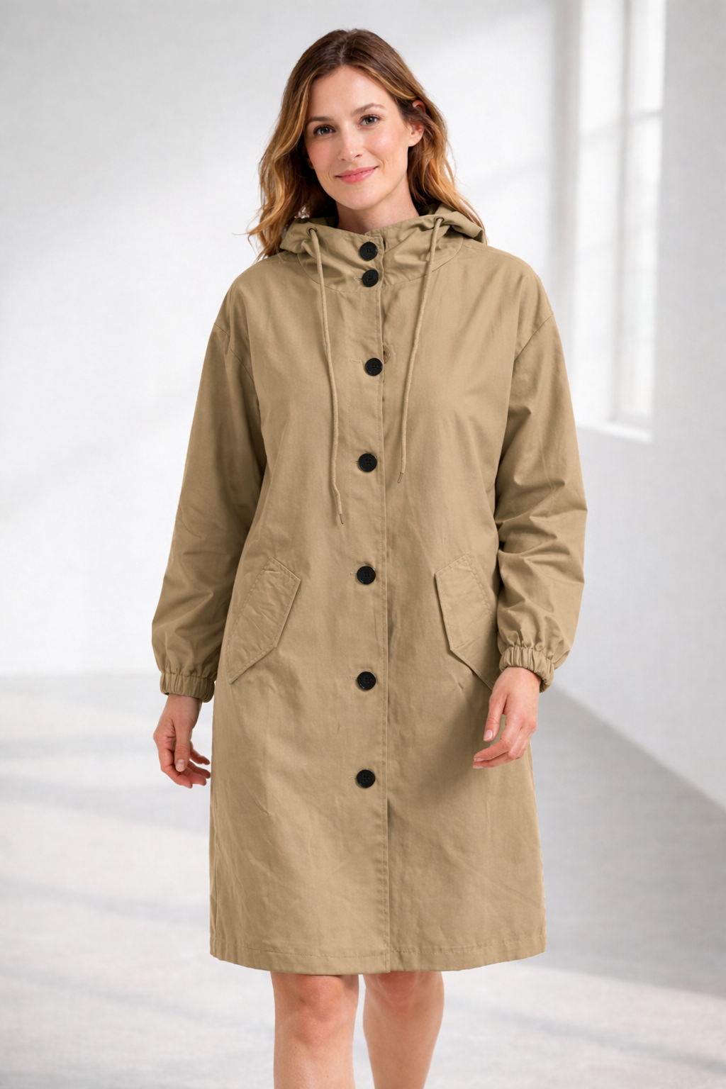 Kathrin | Eleganter Damenmantel mit Kapuze und lockerer Passform