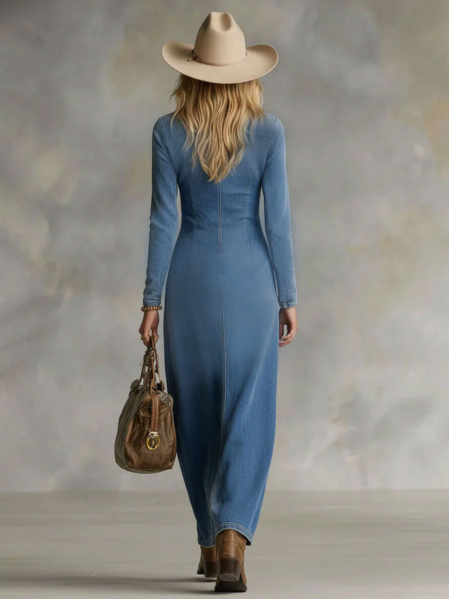 Maja | Elegantes Langarm-Maxikleid mit V-Ausschnitt und Knopfleiste