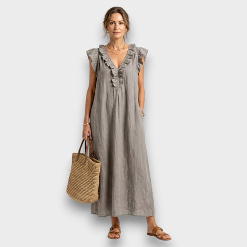 Esmee | Elegantes Leinen-Maxikleid mit floraler Stickerei