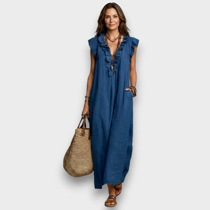 Esmee | Elegantes Leinen-Maxikleid mit floraler Stickerei