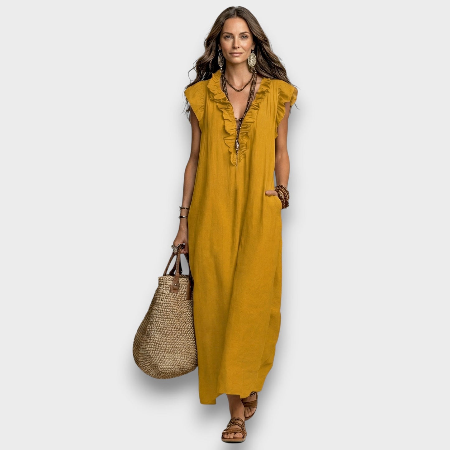 Esmee | Elegantes Leinen-Maxikleid mit floraler Stickerei