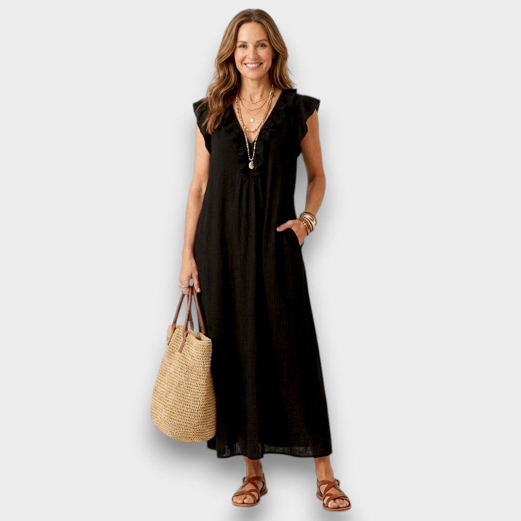 Esmee | Elegantes Leinen-Maxikleid mit floraler Stickerei
