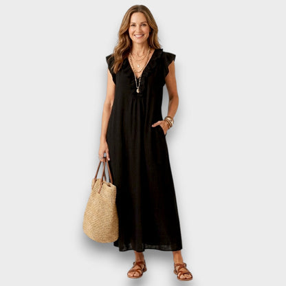Esmee | Elegantes Leinen-Maxikleid mit floraler Stickerei