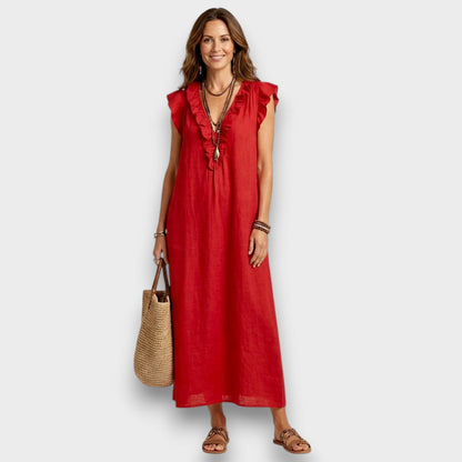Esmee | Elegantes Leinen-Maxikleid mit floraler Stickerei